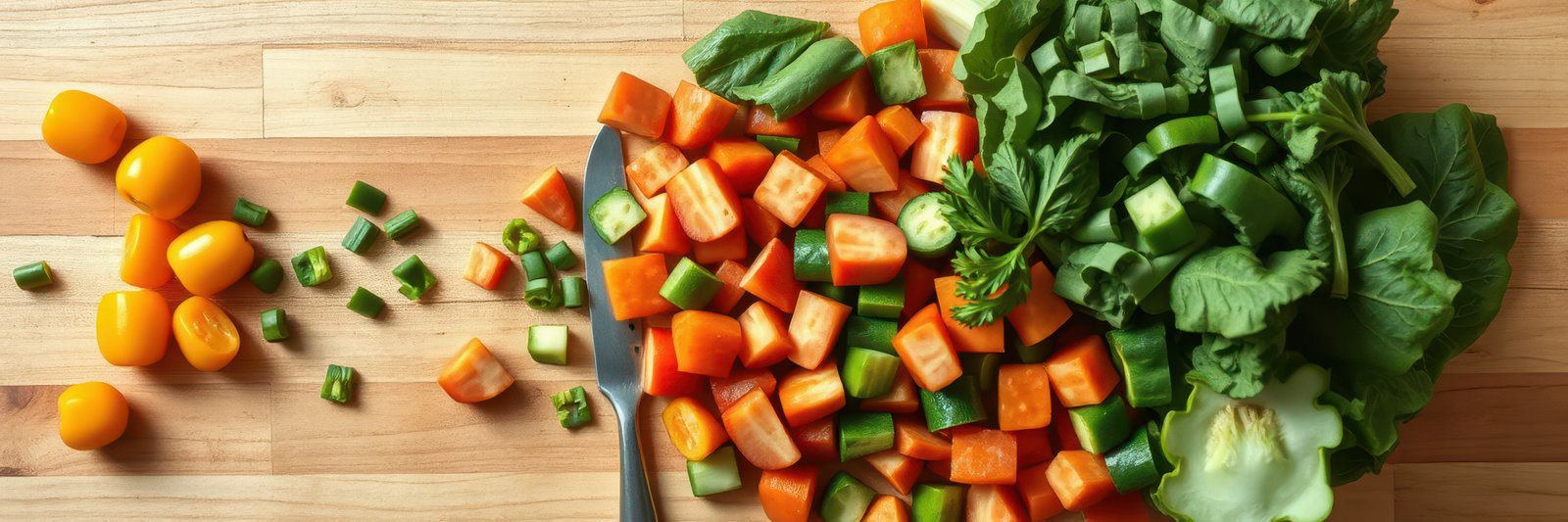Freshly chopped vegetables on wooden cutting board ready for meal preparation